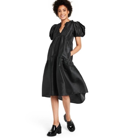 NWOT Kika Vargas x Target Tiered Ruffle Edge Puff Sleeve Midi Black Dress - Picture 1 of 16